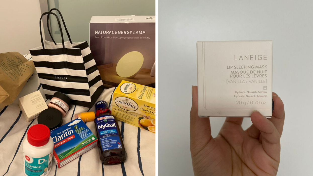 An assortment of winter necessities. Right: A lip mask.