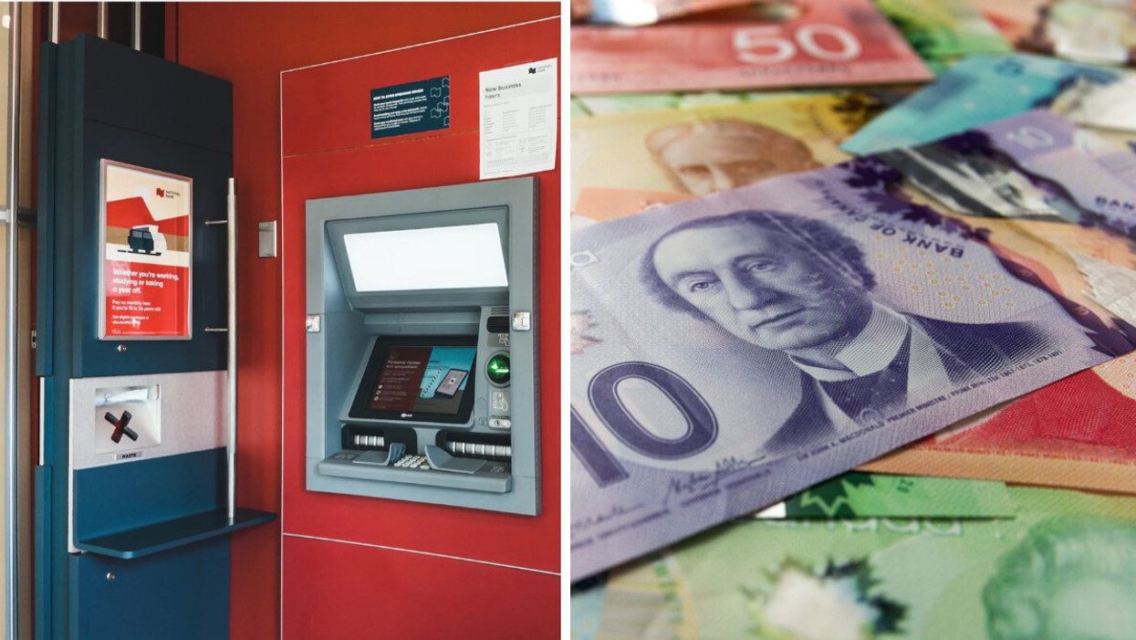 An ATM in Canada. Right: Canadian dollars.