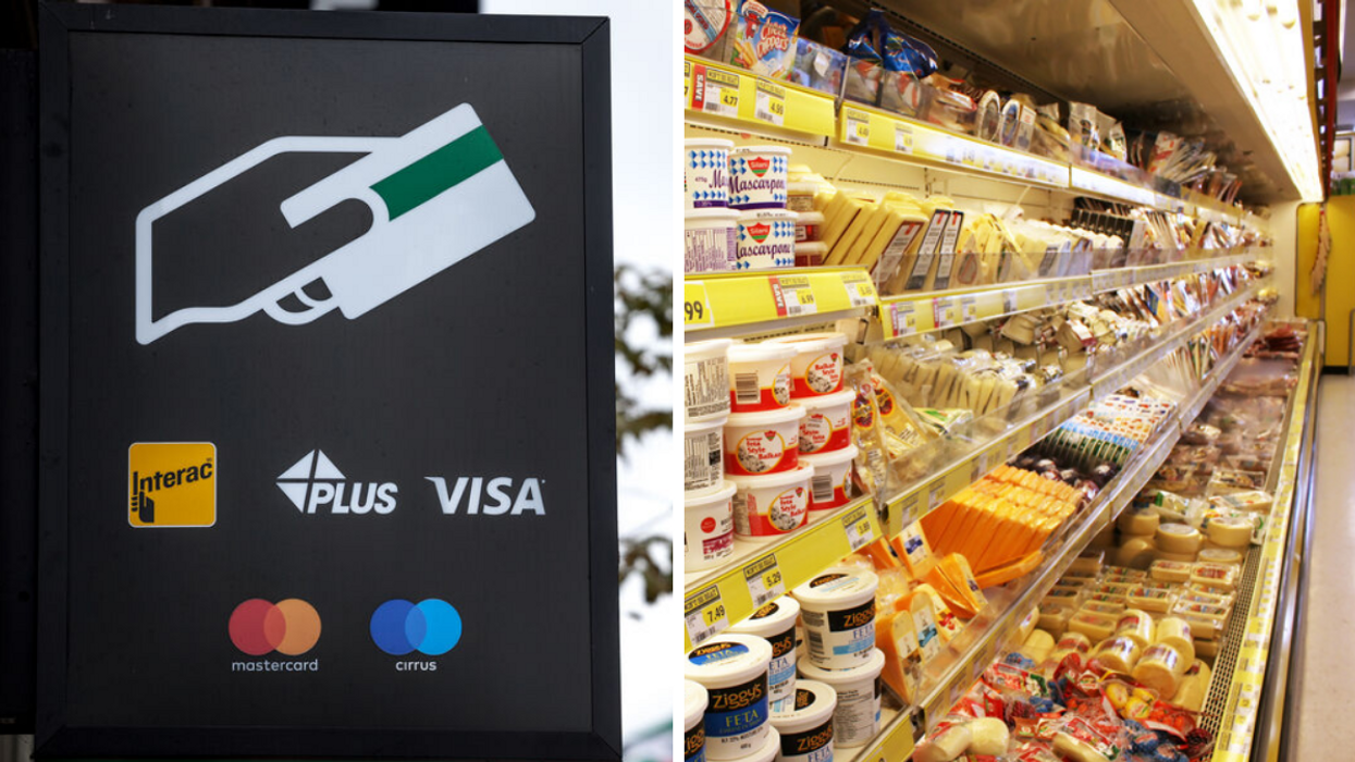 An ATM sign. Right: The dairy section in a grocery store.