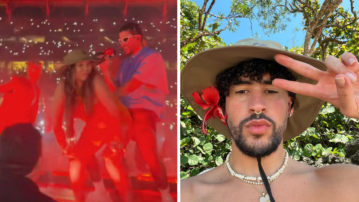 An audience member dancing on Bad Bunny. Right: Bad Bunny making a peace sign with his hands with a flower on his ear.