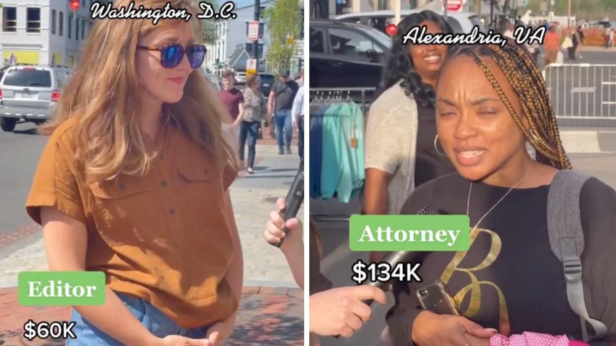 An Editor answering how much she makes ($60K) on TikTok. Right: An attorney answering how much she makes ($134K) on TikTok.