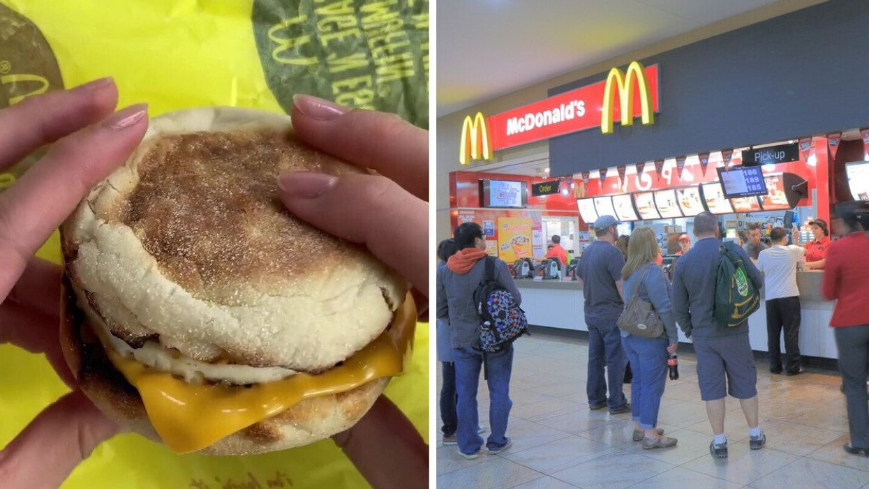 An Egg McMuffin. Right: A McDonald's location.