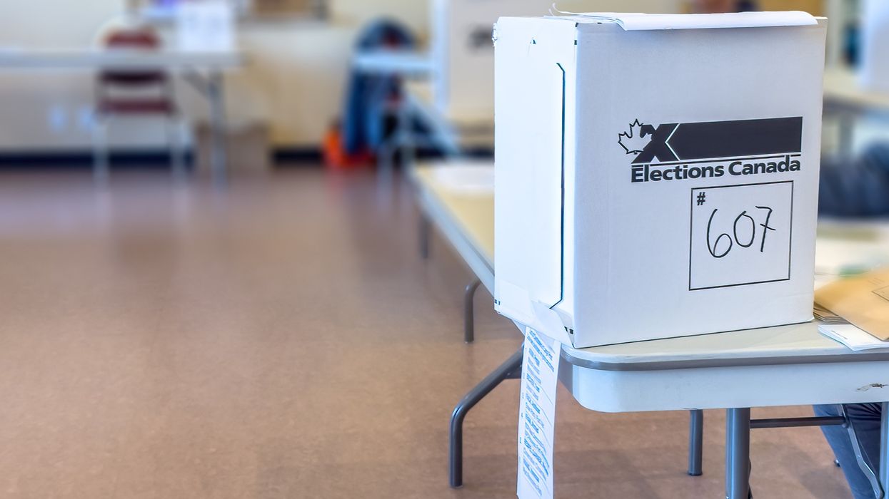 An Elections Canada voting box on a table at a polling site, where voters cast their ballots during the federal election.