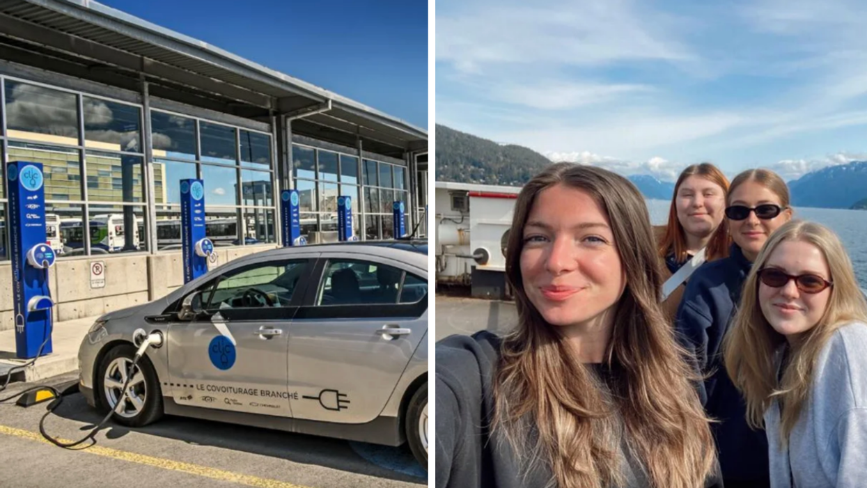 An electric car at a charging station. Right: Narcity's Morgan Leet and friends on BC Ferries.