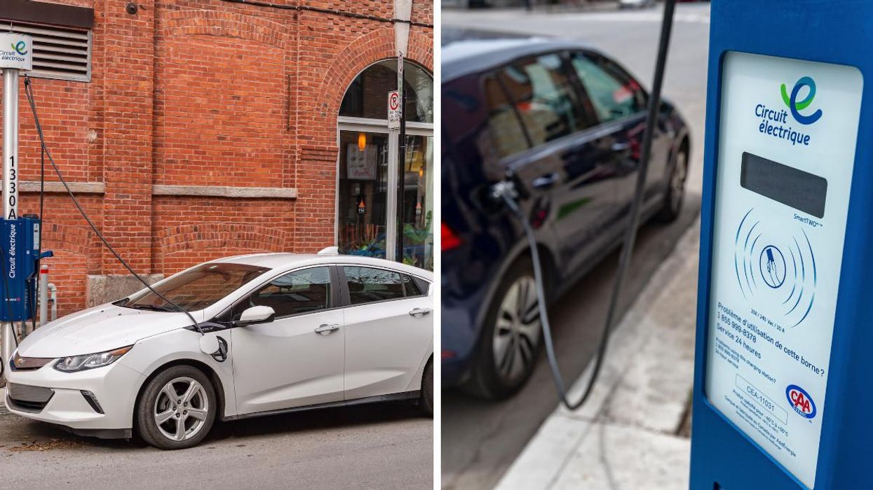 An electric car charging. Right: An electric car charger.