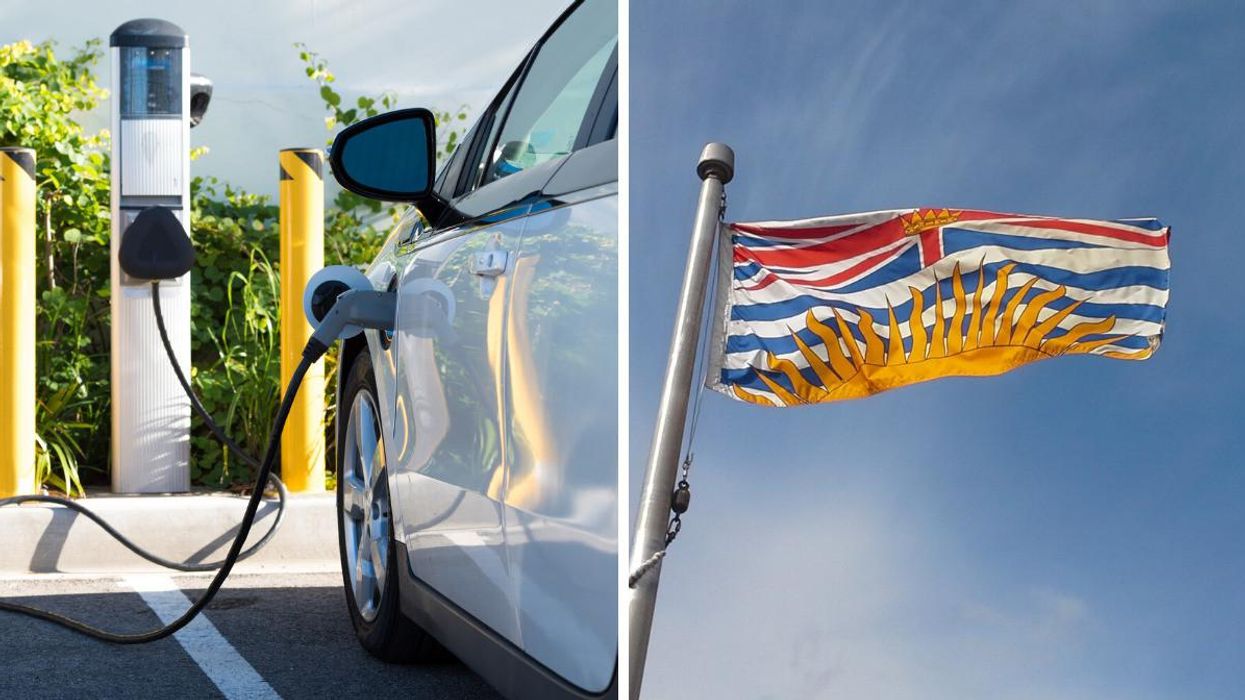 An electric car charging. Right: Flag of British Columbia.