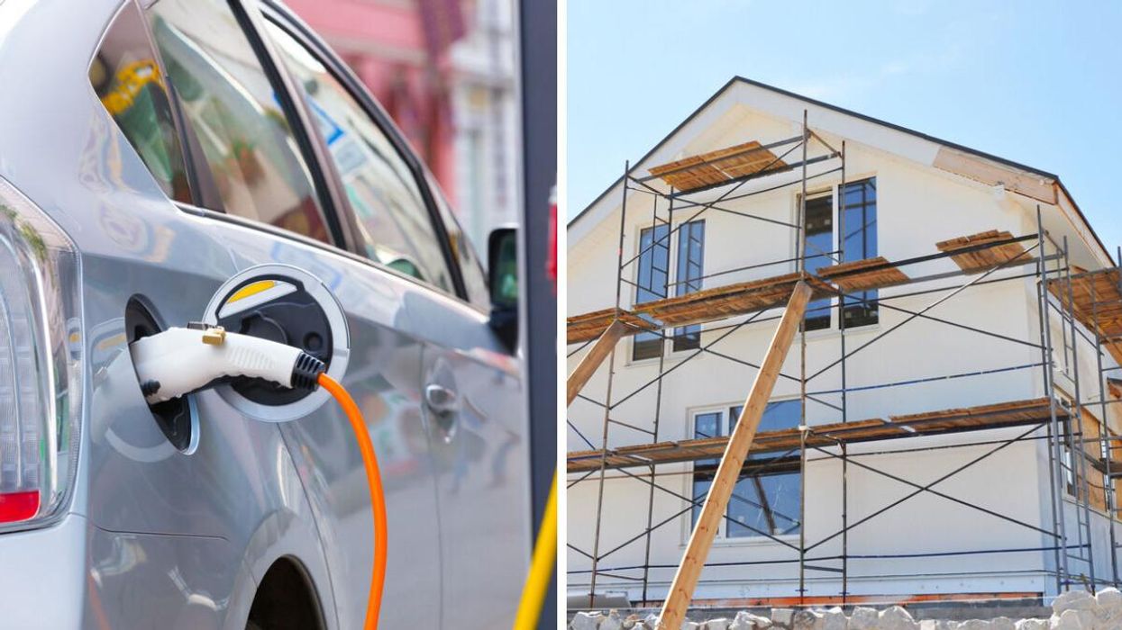 An electric vehicle. Right: A house under construction.