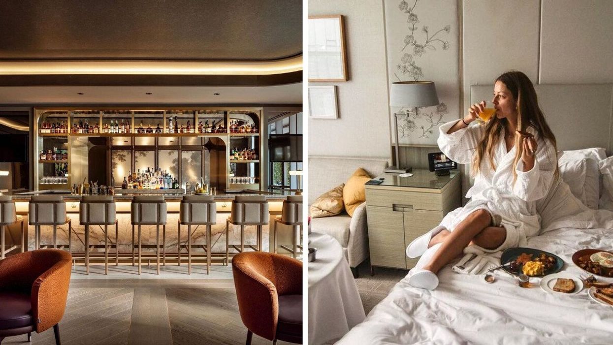 An elegant, dimly lit bar with midcentury decor. Right: A woman in a bathrobe drinking juice and eating toast in bed.