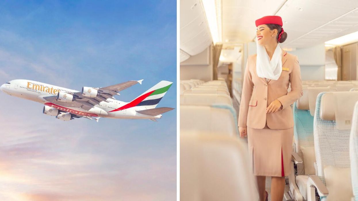 An Emirate airplane. Right: An Emirates crew member on board a plane.