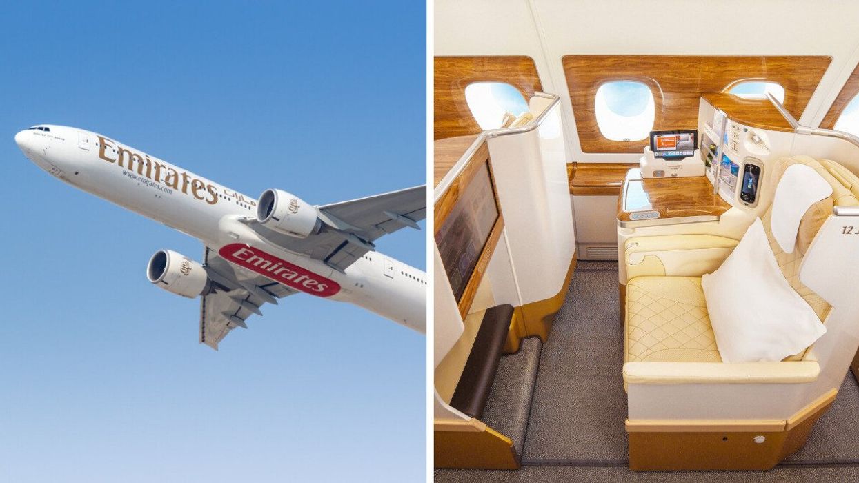 An Emirates plane. Right: A business class seat on an Emirates flight.
