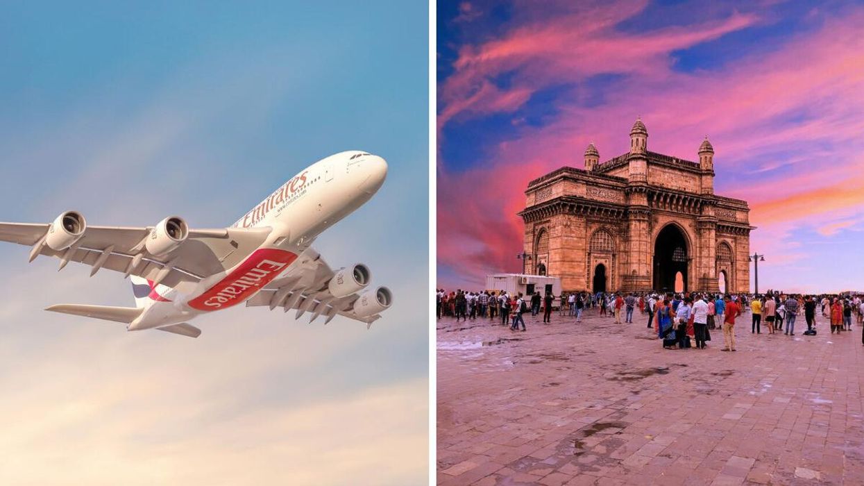 An Emirates plane. Right: The Gateway of India in Mumbai.