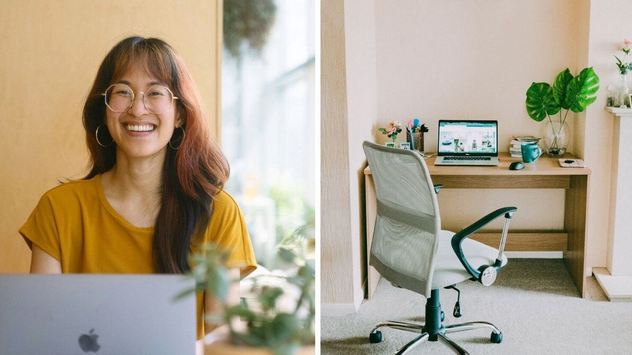 An employee at the Juno College of Technology. Right: An empty chair pushed out from a desk.