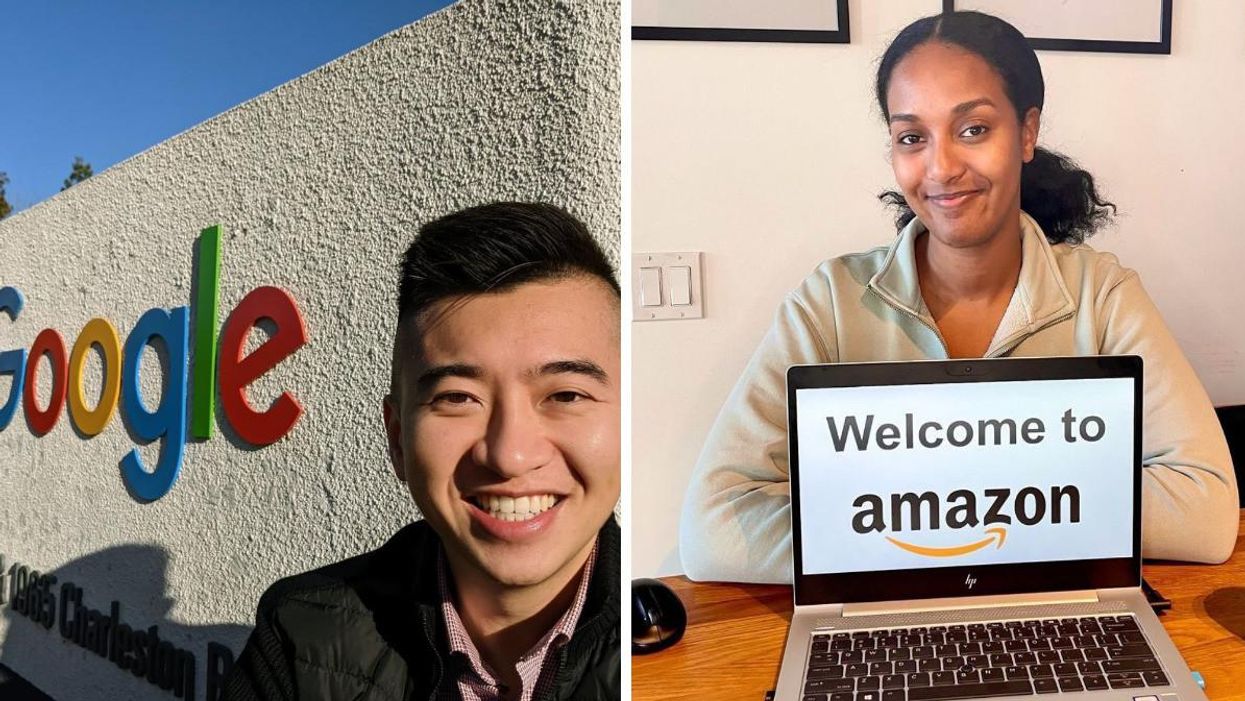 An employee stood beside a "Google" sign. Right: An employee with a laptop with the message "Welcome to Amazon."