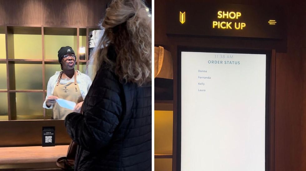 An employee talking to a costumer at the Starbucks Reserve Empire State Building location. Right: An order screen at the Starbucks Reserve Empire State Building location.