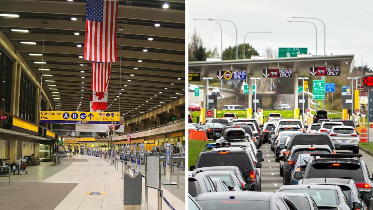 An empty Calgary airport. Right: Cars line up at the land border between Canada and the U.S..