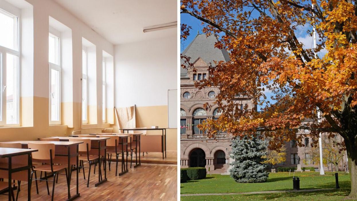 An empty classroom. Right: The front lawn of Queen's Park.
