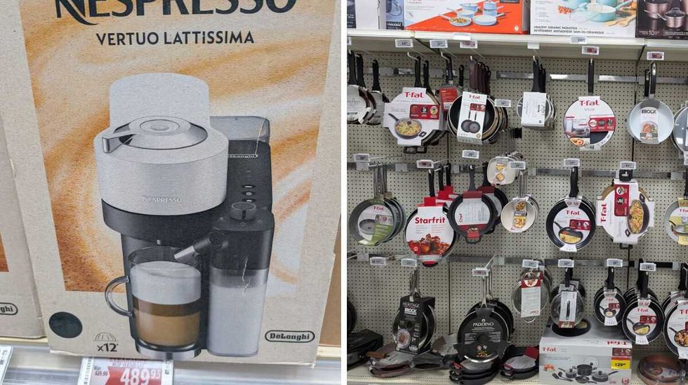 An espresso coffee machine. Right: A big selection of frying pans from Canadian Tire.