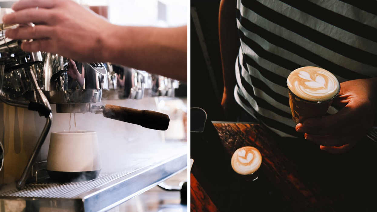 An espresso shot. Right: Two caffe lattes with art.