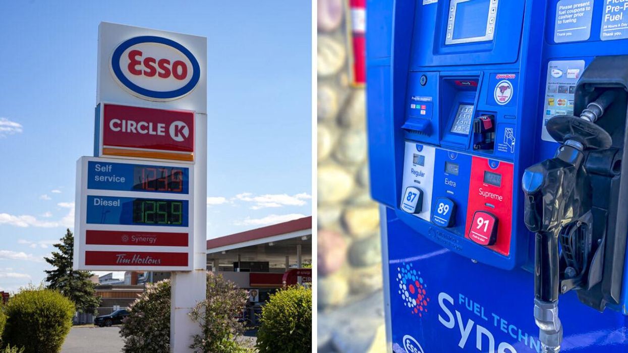 An Esso gas station. Right: A gas nozzle.