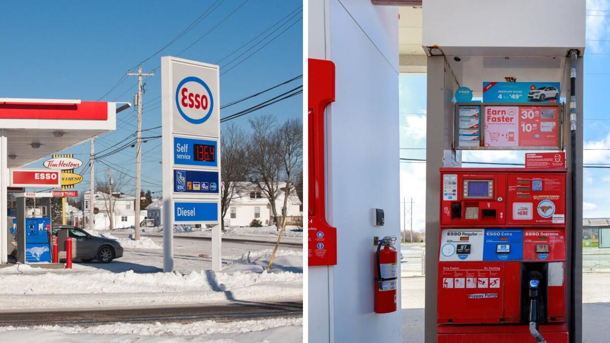 An Esso gas station. Right: A gas station pump