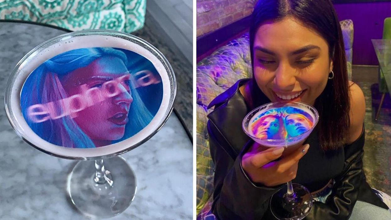An 'Euphoria'-themed cocktail. Right: A woman enjoys a colorful 'Euphoria' cocktail.