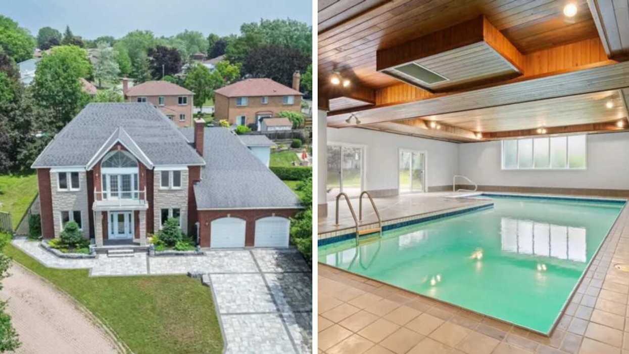 An exterior of a 2-storey brick and stone house. Right: An indoor pool.