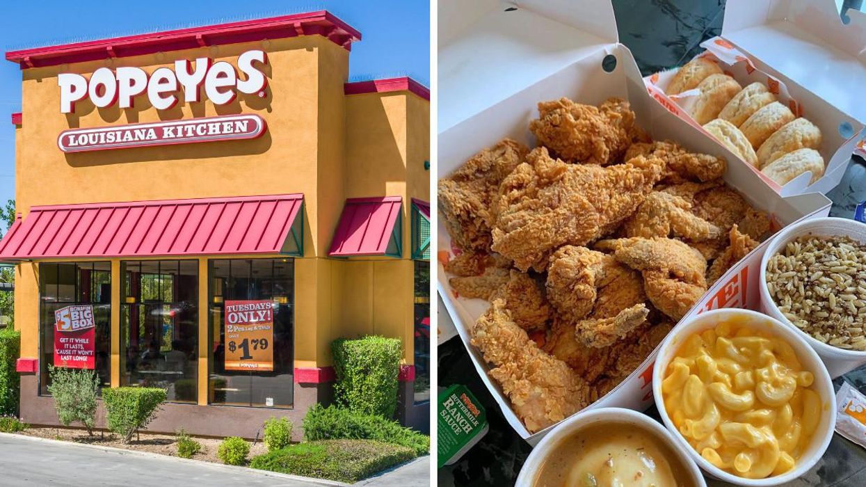 An exterior of a Popeyes restaurant. Right: A box of fried chicken with sides from Popeyes.