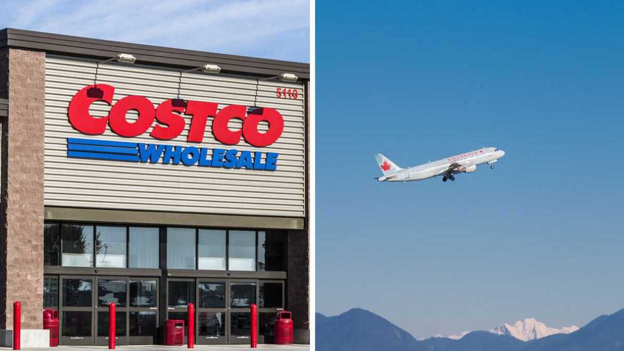An exterior of Costco. Right: A plane flying over mountains.