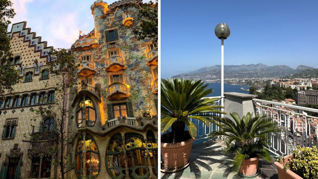 An exterior photo of Casa Batlló in Barcelona, Spain. Right: Large plants stand in front of a view of the Sorrento coastline.