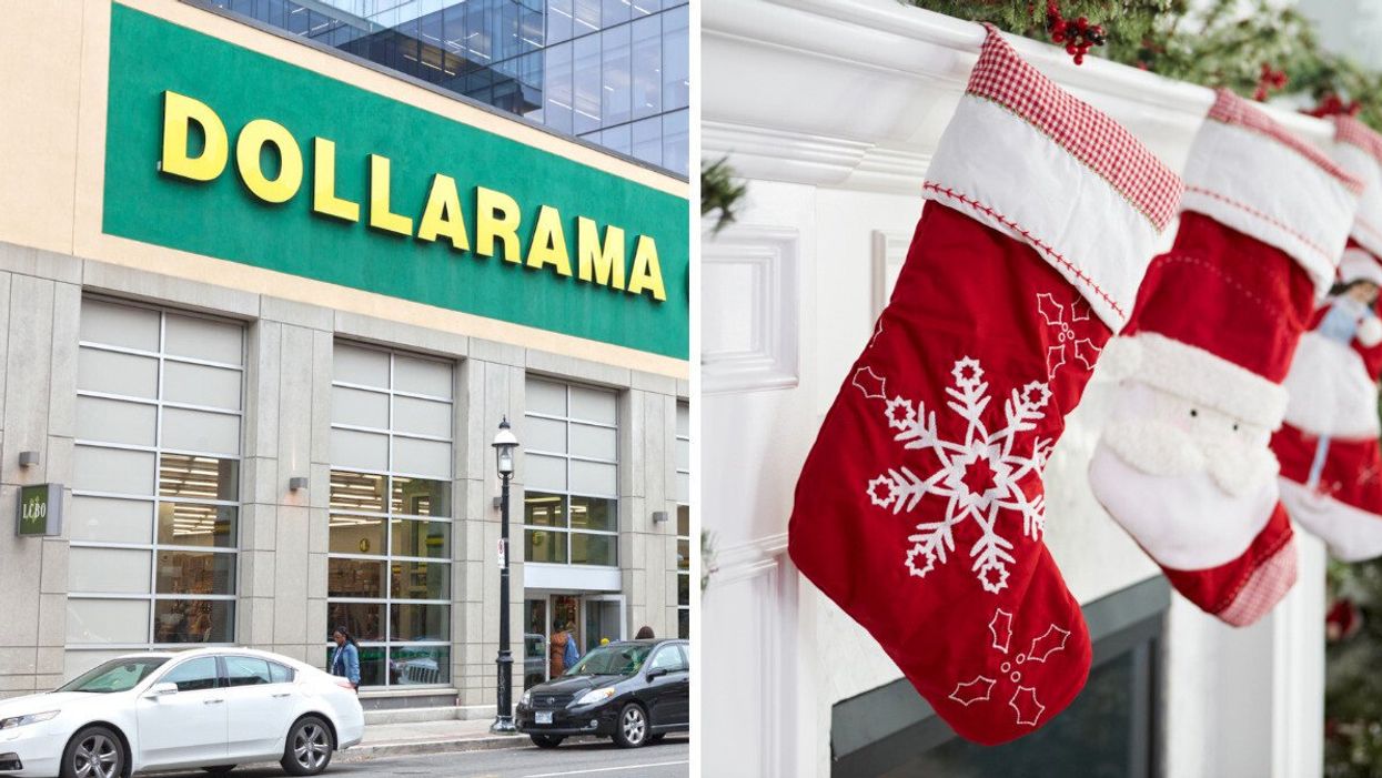 An exterior shot of a Dollarama store. Right: Christmas stockings hanging on a fireplace mantel.
