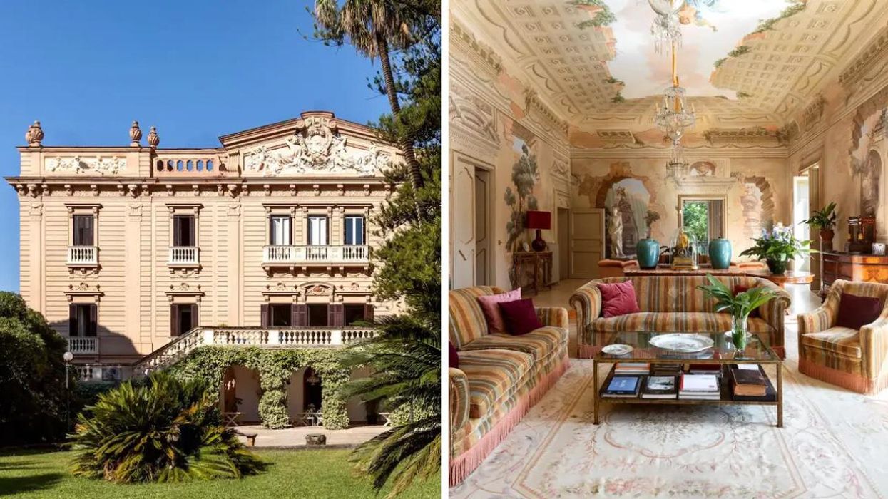 An exterior shot of the Italian villa seen in "The White Lotus." Right: One of the living rooms inside the villa.