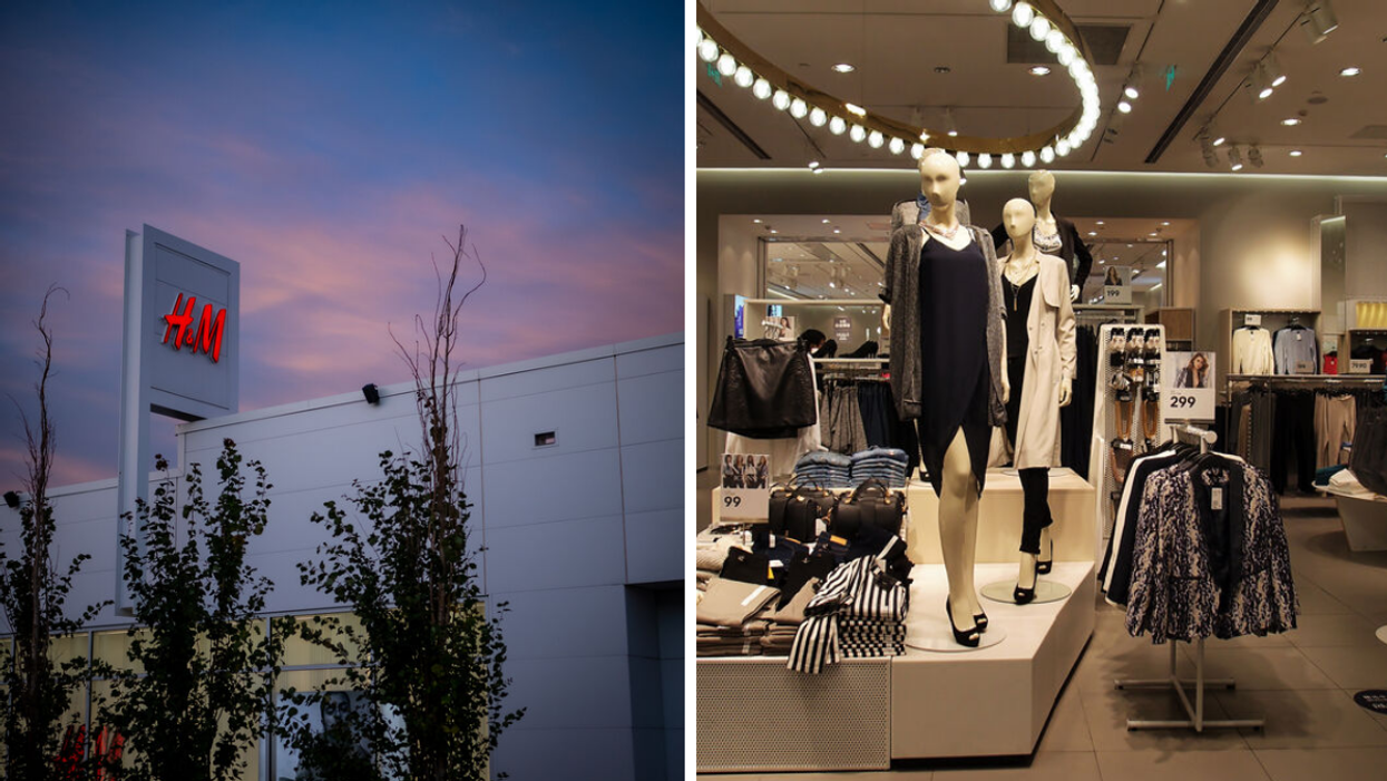 An H&M store sign in Calgary. Right: Mannequins in an H&M store.