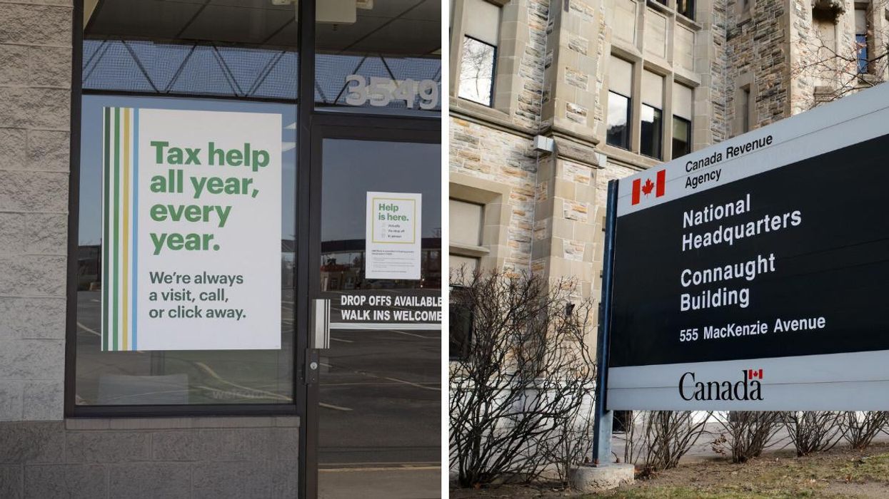 An H&R Block store front. Right: The CRA headquarters in Ottawa.