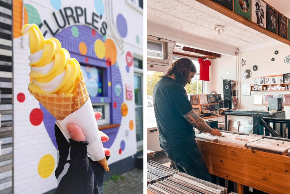 An ice-cream cone from Flurple's. Right: A customer browses records at Cosmic Dave's.