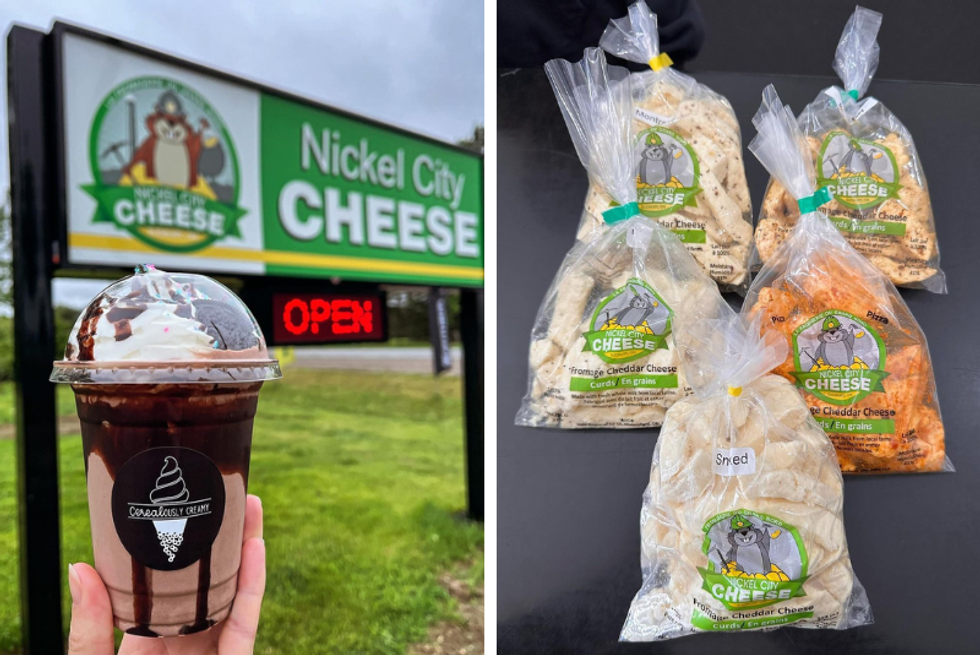 An ice cream sundae from Cerealously Creamy in front of the Nickel City Cheese sign. Right: Five varieties of Nickel City Cheese curds.