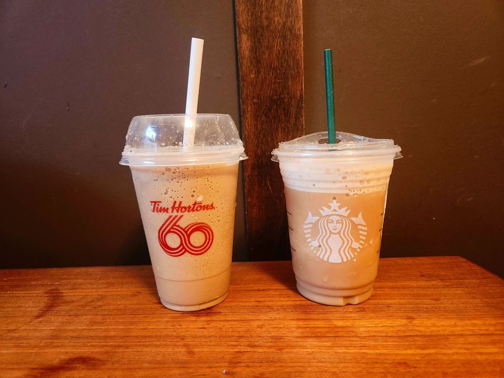 An Iced Capp from Tim Hortons and a version of an Iced Capp from Starbucks.