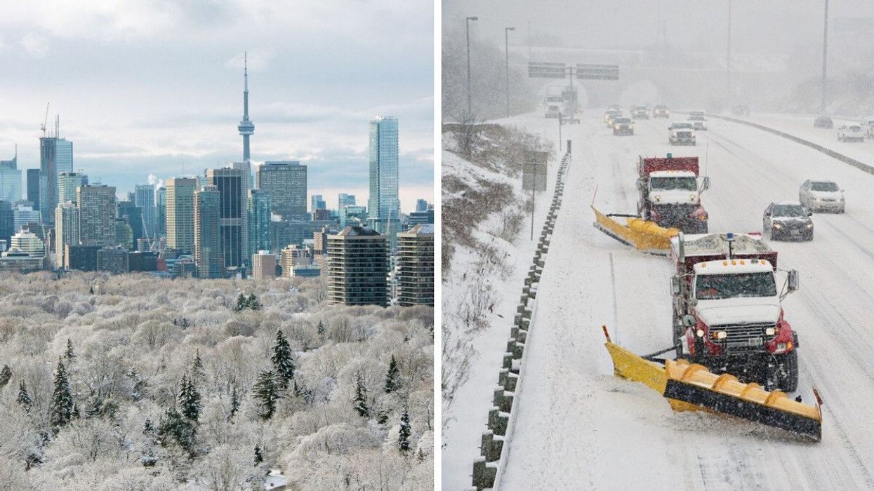 An icy Toronto skyline. Right: Snow plows in Ontario