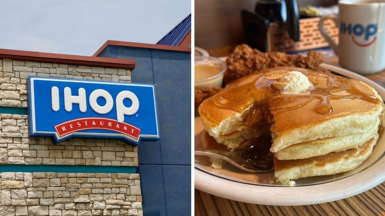 An IHOP restaurant. Right: A stack of pancakes.