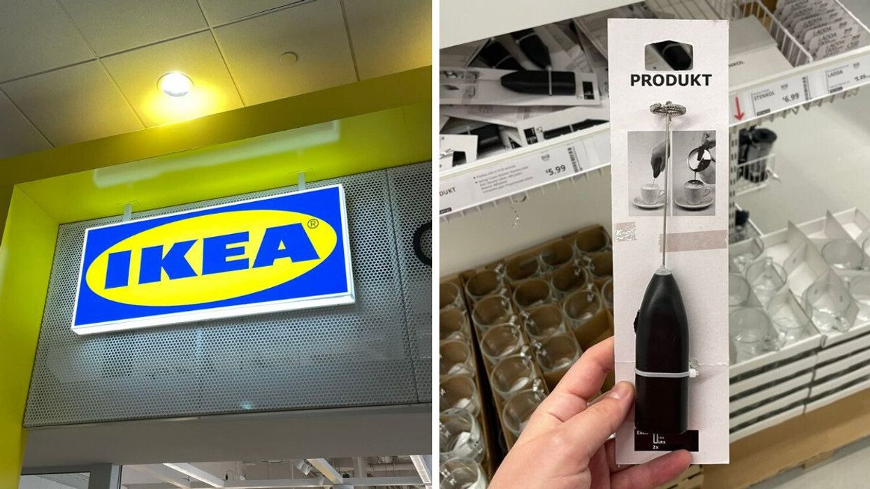 An IKEA Canada sign. Right: An IKEA milk frother.