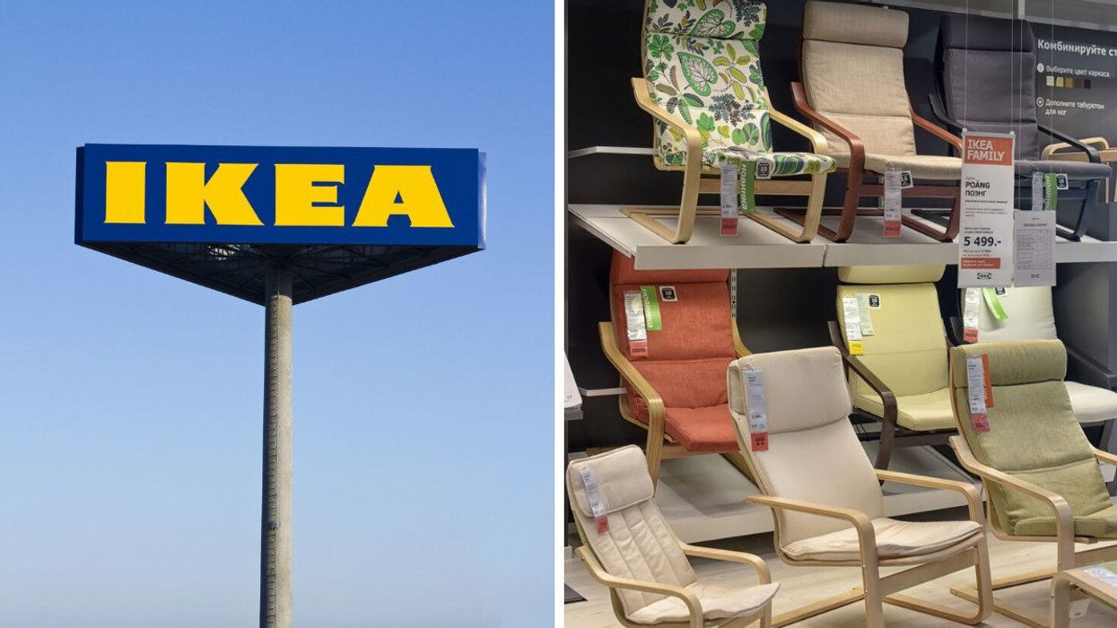 An IKEA sign. Right: A collection of chairs in IKEA.