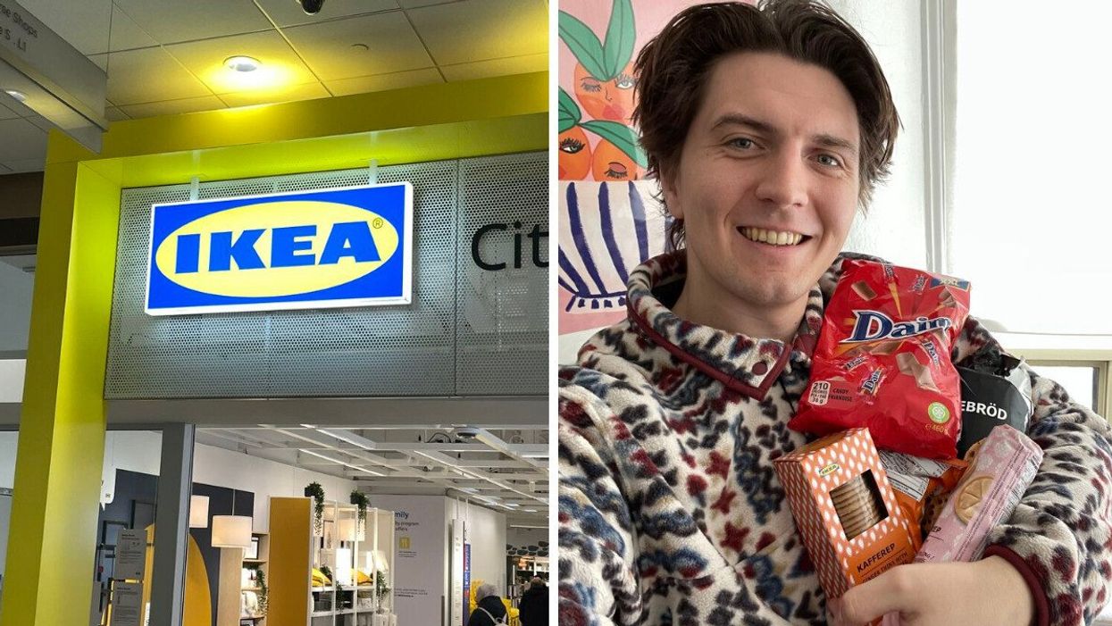 An IKEA sign. Right: Tristan Wheeler holding all the snacks.
