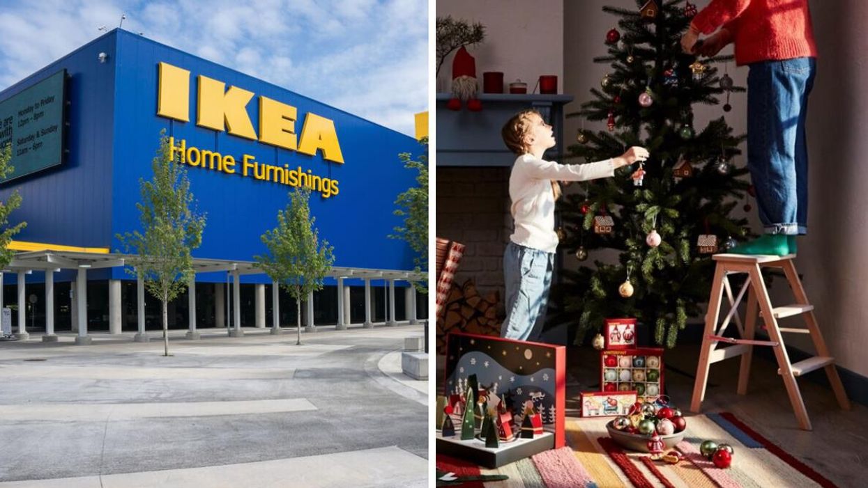 An IKEA store in Richmond, B.C. Right: Two people decorating a Christmas tree.