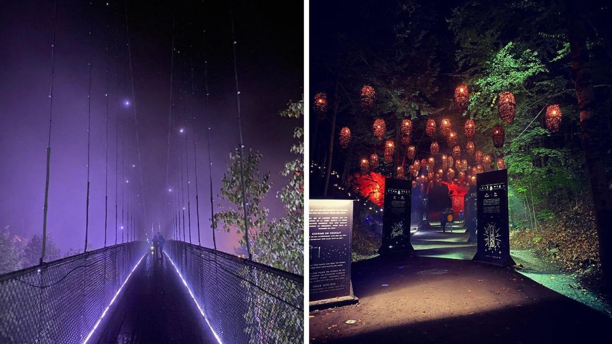 An illuminated suspension bridge at Foresta Lumina. Right: A trail with lanterns at Foresta Lumina.