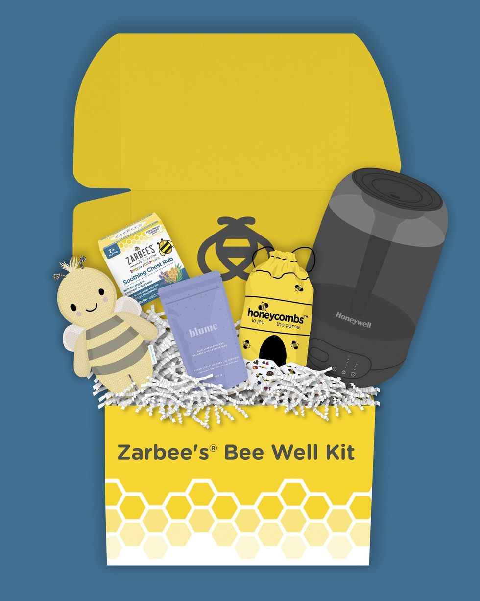 An illustration of a yellow box with honeycomb pattern that reads "Zarbee's Bee Well Kit." Coming out of the box are a bee plushie, Zarbee's products, a game and room humidifier.