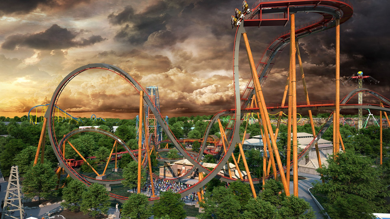 An illustration of Dr. Diabolical's Cliffhanger dive coaster at Six Flags Fiesta Texas in San Antonio.