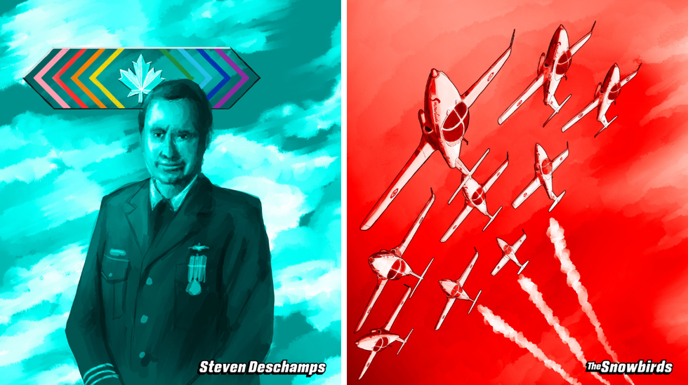 An illustration of Steven Deschamps and the Pride Citation insignia. Right: An illustration of the Snowbirds in flight.