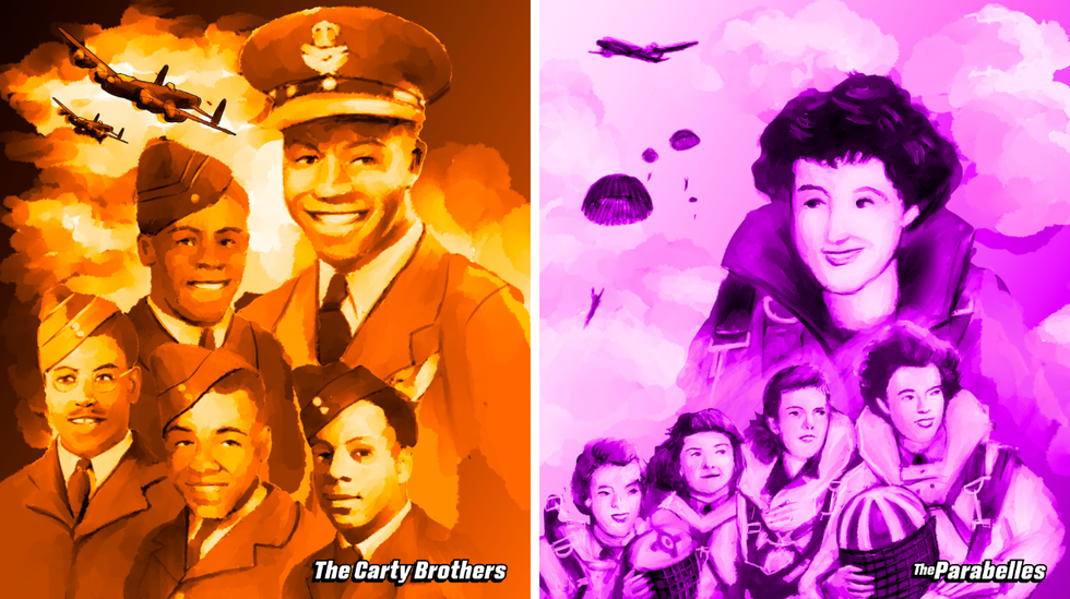 An illustration of the Carty brothers from 'Aviation Nation.' Right: An illustration of the Parabelles from 'Aviation Nation.'