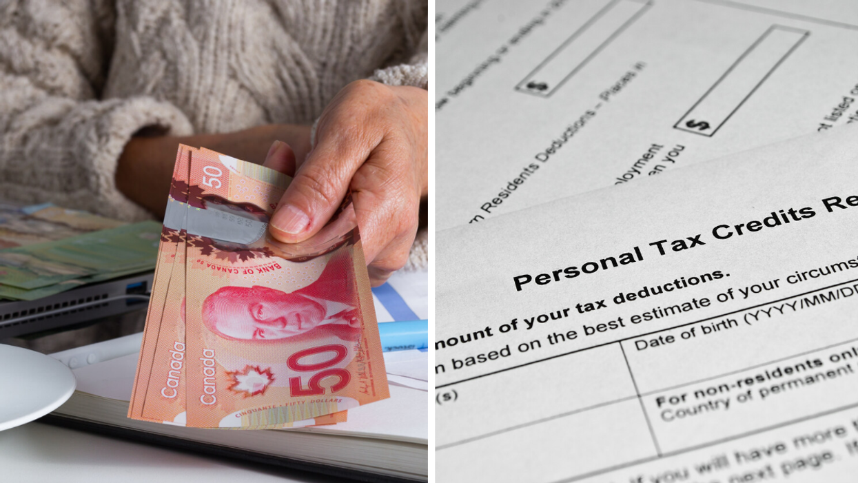 An illustrative photo of someone giving Canadian money. Right: A close-up of the Personal Tax Credits income tax return form.
