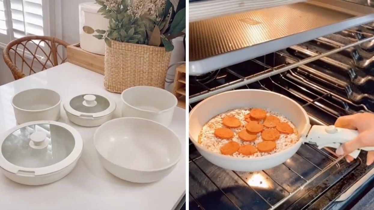 An image of the viral cookware set from Amazon. Right: Christensen cooking with the cookware set from Amazon.