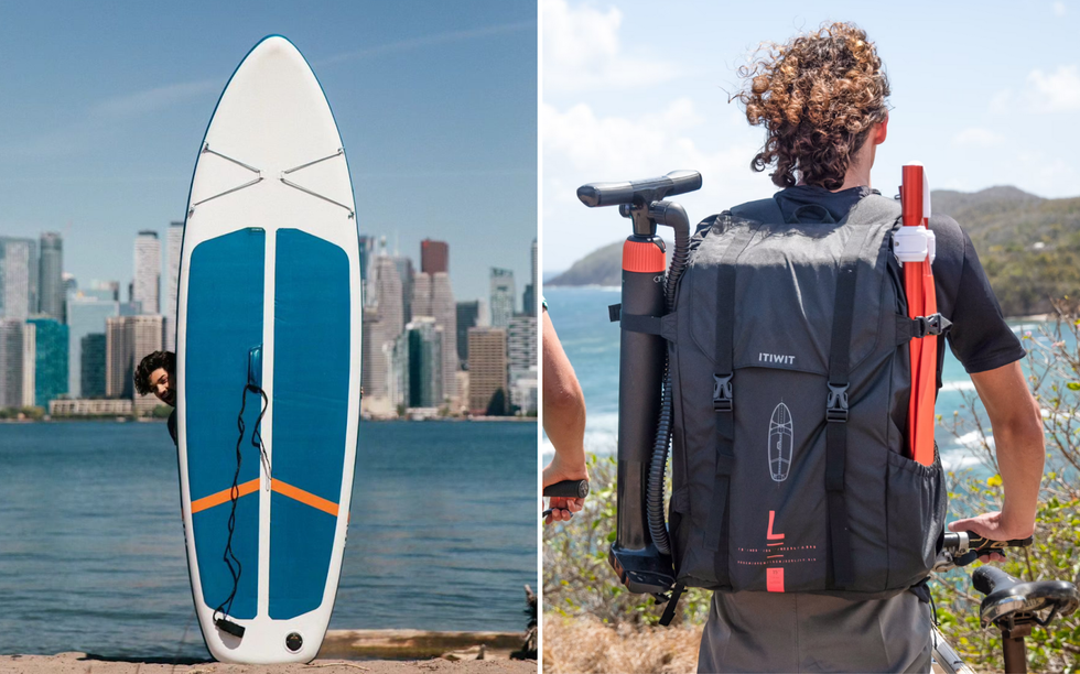 An inflatable paddleboard. Right: The same paddleboard packed down into a backpack.